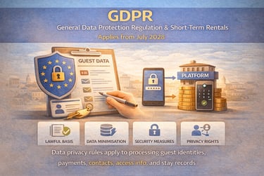 Infographic explaining GDPR data privacy rules for short-term rentals and guest data security.