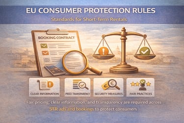 EU consumer protection rules infographic showing short-term rental standards for price transparency and fair practices.