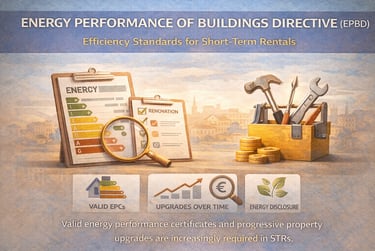 EPBD energy performance standards for short-term rentals showing EPC ratings, renovation tools, and efficiency upgrades.