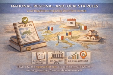 Infographic about local short-term rental rules, including registration schemes, day caps, and zoning laws.