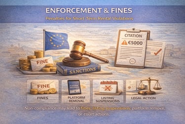 Infographic showing EU short-term rental violation penalties including fines, listing suspensions, and legal action.