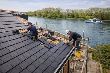 Shepperton Roofing installing a new roof on a riverside property in Shepperton