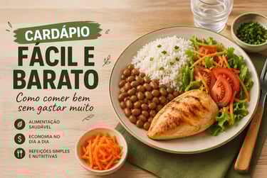Cardápio barato com arroz, feijão, frango e salada