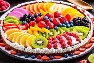a cake with fruit on a plate with a knife and fork