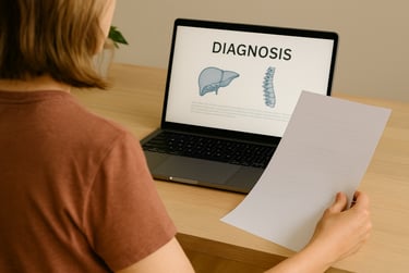 Woman in her 50s reviewing health results on a laptop after a heart scan and bone density test.