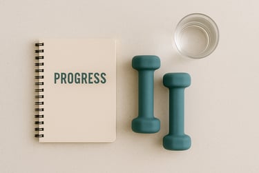 Notebook labeled Progress with pastel dumbbells and water glass, representing fitness consistency