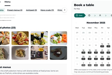 Screenshot of a restaurant on The Fork that displays discounts and times available for reservations
