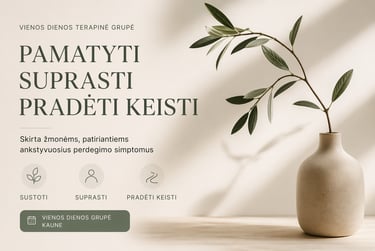 Vienos dienos perdegimo terapinės grupės vizualas – minimalistinis ramus fonas su tekstu „Pamatyti, 