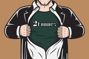 a man in a suit, a white shirt and a green tshirt under it with an inscription on it saying 2tonnes