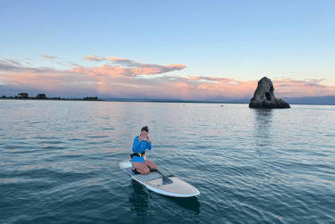 Woman on stand up paddle board on the ocean with a rock in the background