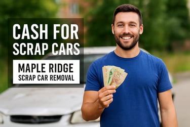 Smiling man holding cash in front of old car promoting Maple Ridge scrap removal.
