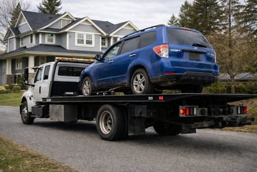 Tow truck with Scrap Subaru in Langley.