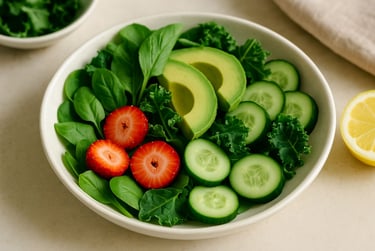 "Salada saudável com espinafre, abacate, morangos e pepino em tigela branca"