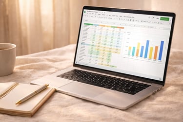 clean workspace with laptop showing spreadsheet, notebook and pen in warm natural light