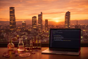 Belle apothecary laboratory workspace in Mexico City with python code developing the Belle App