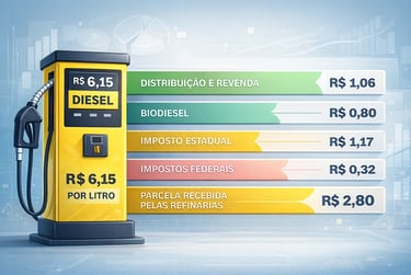 Infográfico detalhando a composição do preço do diesel no Brasil com bomba de combustível amarela.
