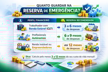 Infográfico sobre reserva de emergência financeira para CLT, autônomos e empreendedores.
