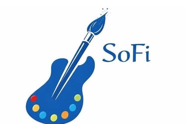 logo de SoFi : une guitare bleue dont le manche est un pinceau