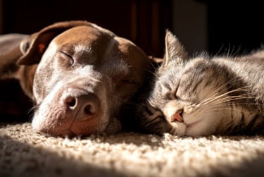 A dog and cat sleeping peacefully next to each other in the sun.