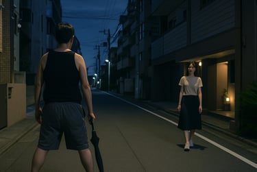 夜の路上で黒色タンクトップとグレー色の半ズボン姿の男が黒い傘を持ち、女性の前で男が下半身を露出しているイメージ画像｜堺市のニュースならサカイタイムズ