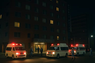 夜間のRINKAI HOTEL前で救急車3台と救急隊員が出入りしているイメージ画像｜堺市のニュースならサカイタイムズ