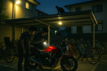 バイク盗難が多発していることがわかる夜間の駐輪場に怪しい人物２人が写るニュース用の画像