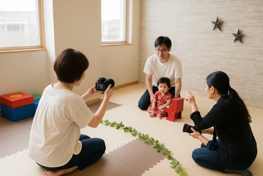 屋内でプロのカメラマン（女性）が写真撮影を依頼している親にしながらモデルの子どもを写真撮影している様子