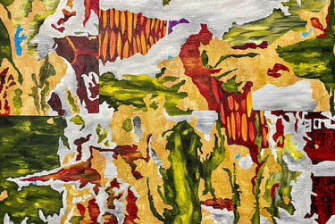 An abstract, colorful painting features distressed, ripped paper textures in red, yellow, green, and white, creating a