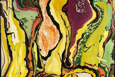 Abstract oil painting featuring organic shapes in yellow, purple, and orange with textured green details.