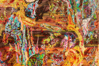 Abstract oil painting with vibrant impasto textures in red, yellow, and blue organic shapes.