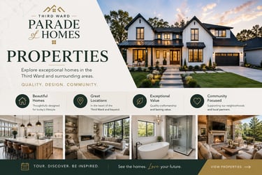 Third Ward Parade of Homes real estate flyer featuring a luxury farmhouse exterior and modern interior rooms.