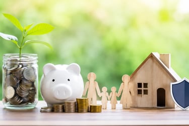 Emergency fund concept with savings jar, piggy bank, family figures, and house model