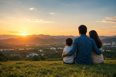 Indian father sitting with his family at sunset, symbolizing life insurance and financial protection