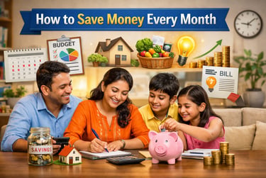 Indian family planning monthly budget with savings jar, piggy bank, and financial icons at home