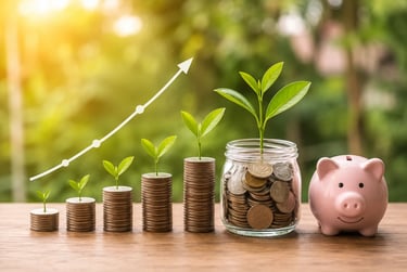 Growing plants on stacks of coins beside a savings jar and piggy bank, symbolizing SIP investment