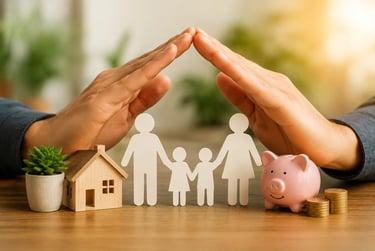 Protective hands over a family model with a house and savings, symbolizing life insurance.