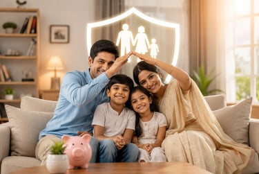 Happy Indian family sitting together at home representing financial protection and life insurance