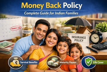 Happy Indian family with financial symbols explaining Money Back Policy benefits