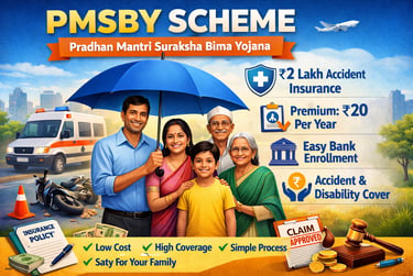 Illustration of an Indian family under umbrella showing PMSBY scheme benefits