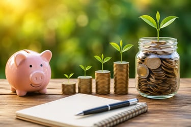 Piggy bank, growing coin stacks, and savings jar symbolizing PPF investment growth 