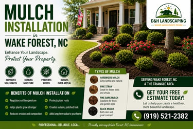 Professional mulch installation in Wake Forest NC featuring fresh mulch, landscaped flower beds, healthy shrubs