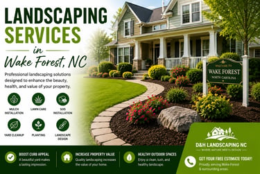 Professional landscaping services in Wake Forest NC with mulch installation, lawn care, and beautiful landscape design