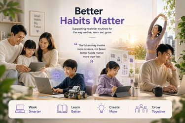 Families, students and professionals embracing healthier routines in modern digital lifestyles.