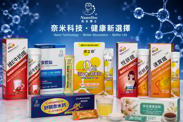 A collection of NanoDoc nanotechnology health supplements, including Coenzyme Q10 and calcium, on a blue background.