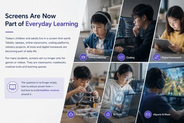Illustration of students using coding, robotics and digital tools in today's screen-first learning world.