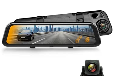 A dual-lens smart rearview mirror dash cam featuring a digital touchscreen display and rear-view backup camera.