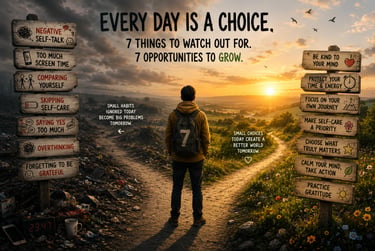 A person standing at a crossroad between a dark path of negative habits and a sunny path of self-growth.
