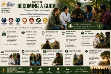 Infographic titled Becoming a Guide detailing leadership principles with diverse groups of people in outdoor and indoor