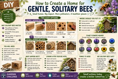 An educational infographic showing how to build a DIY solitary bee hotel using wooden blocks or bamboo canes.