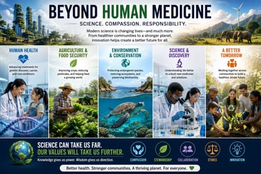 Infographic titled Beyond Human Medicine highlighting science and compassion in human health, agriculture, and environment.